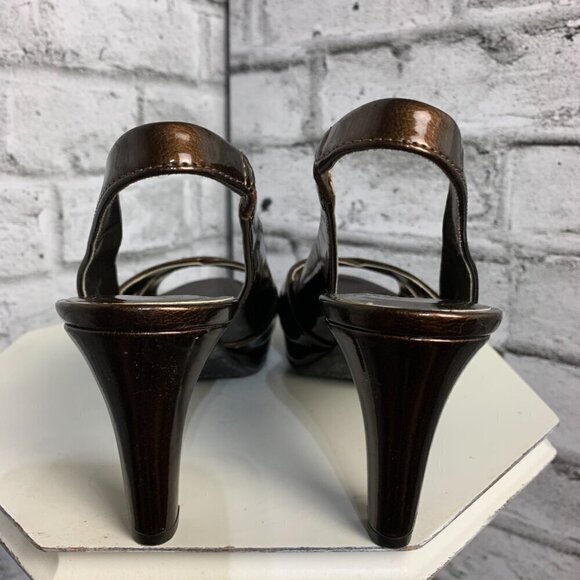 Etienne Aigner Ophelia Open Toe Sling Back Brown Patent Faux Leather Sandals - Picture 6 of 9